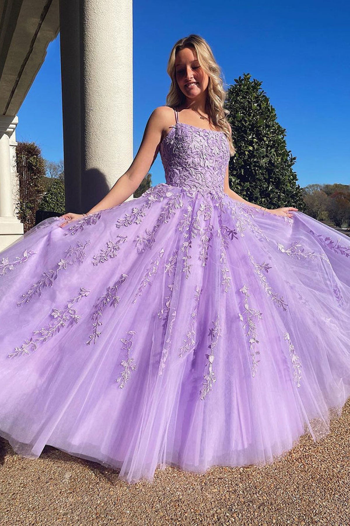 Unthony - A Line Open Back Purple Lace Long Prom Dresses