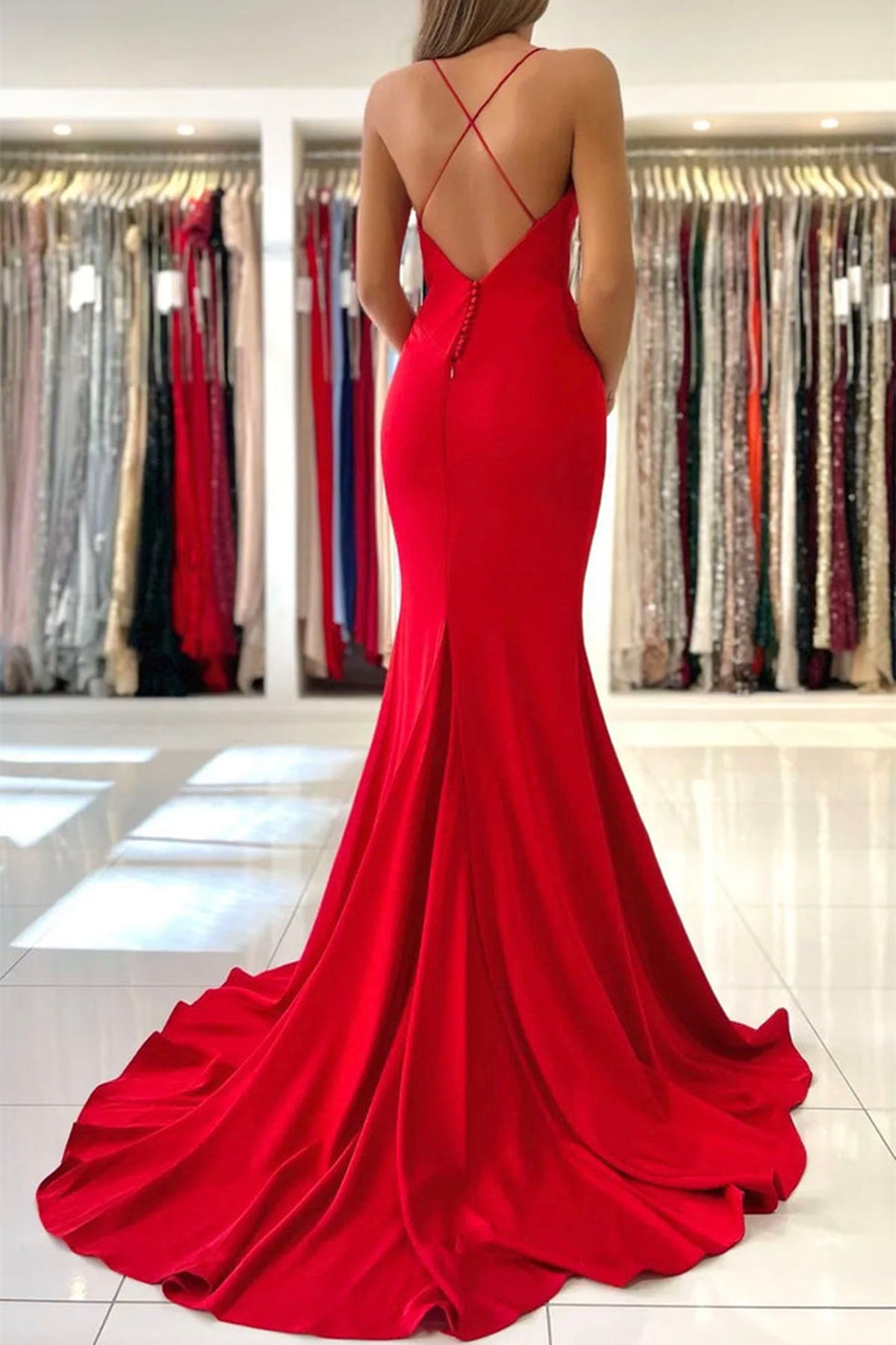 Unthony - Mermaid V Neck Backless Red Long Prom Dress