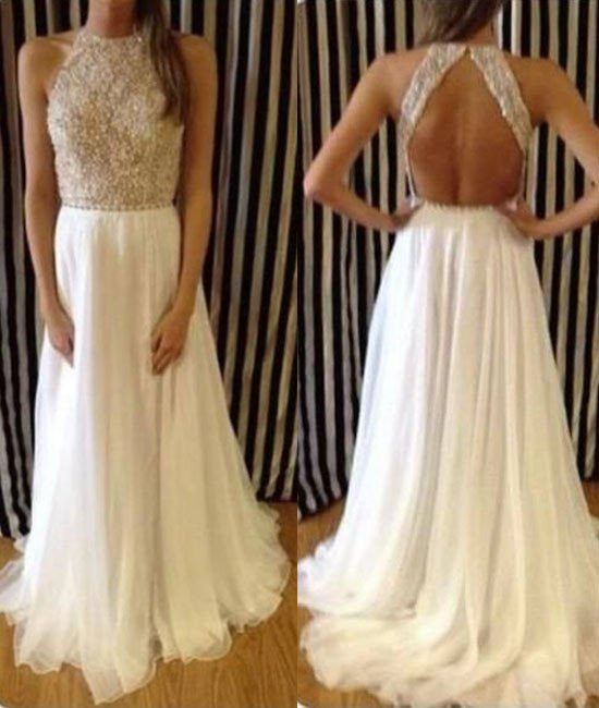 Unthony - High Neck Crystal Beaded White Chiffon Backless Long Prom Dresses