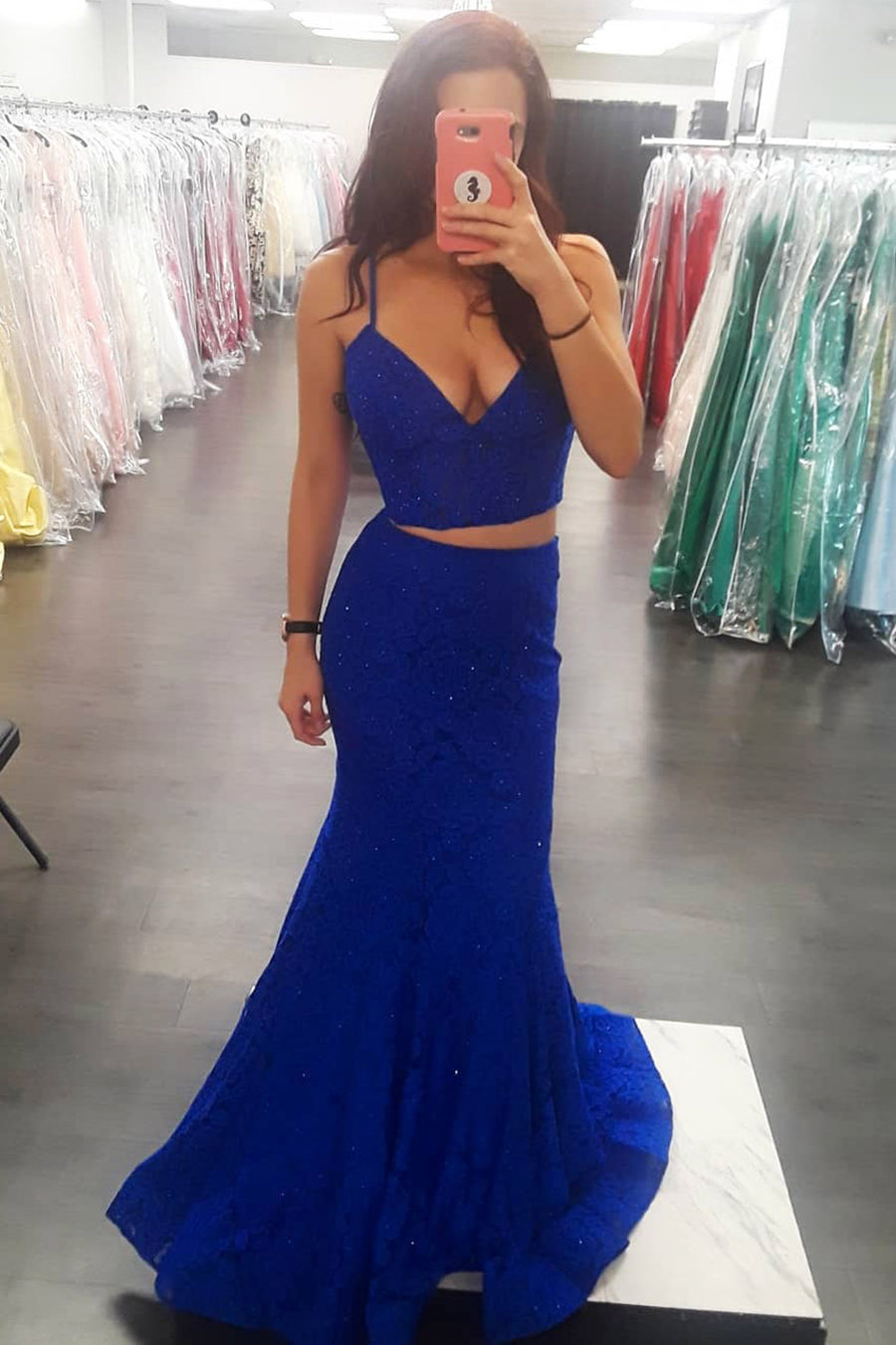 Unthony - Shiny Two Pieces Mermaid Royal Blue Long Prom Dresses