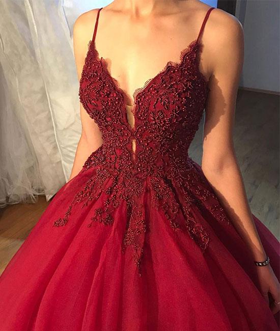 Unthony - V Neck Tulle Burgundy Prom Dress With Beads