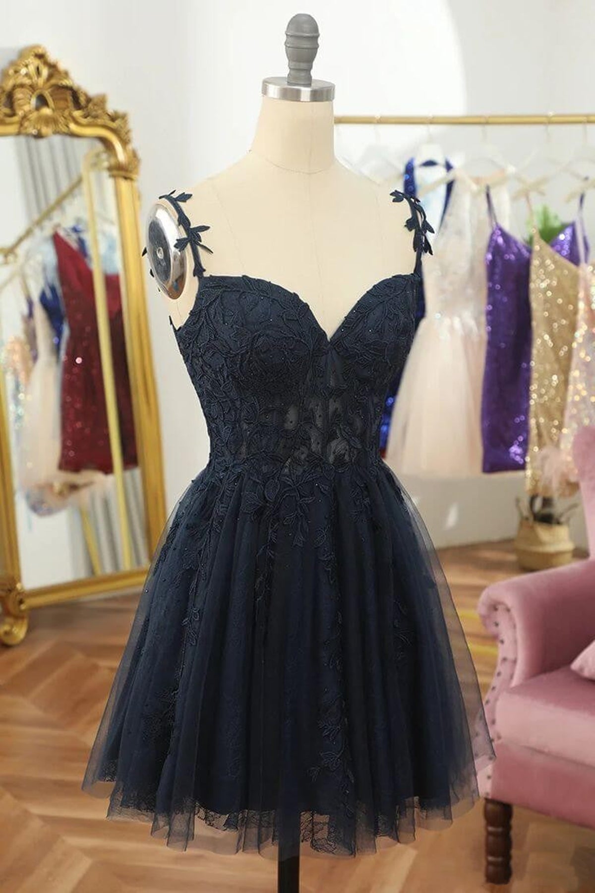 Unthony - V Neck Beaded Navy Blue Lace Prom Dress