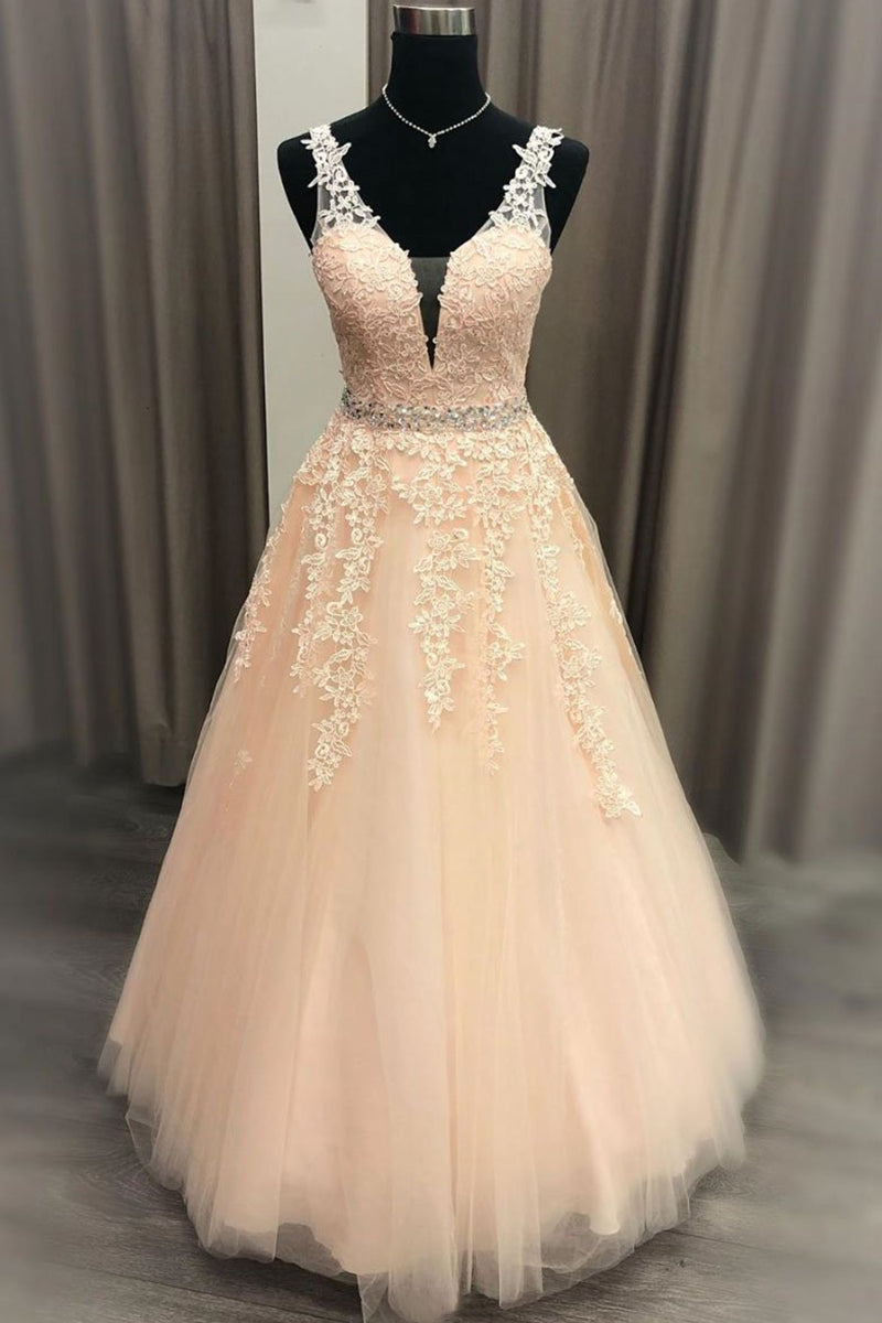 Unthony - A Line V Neck Beaded Pink Lace Long Prom Dress