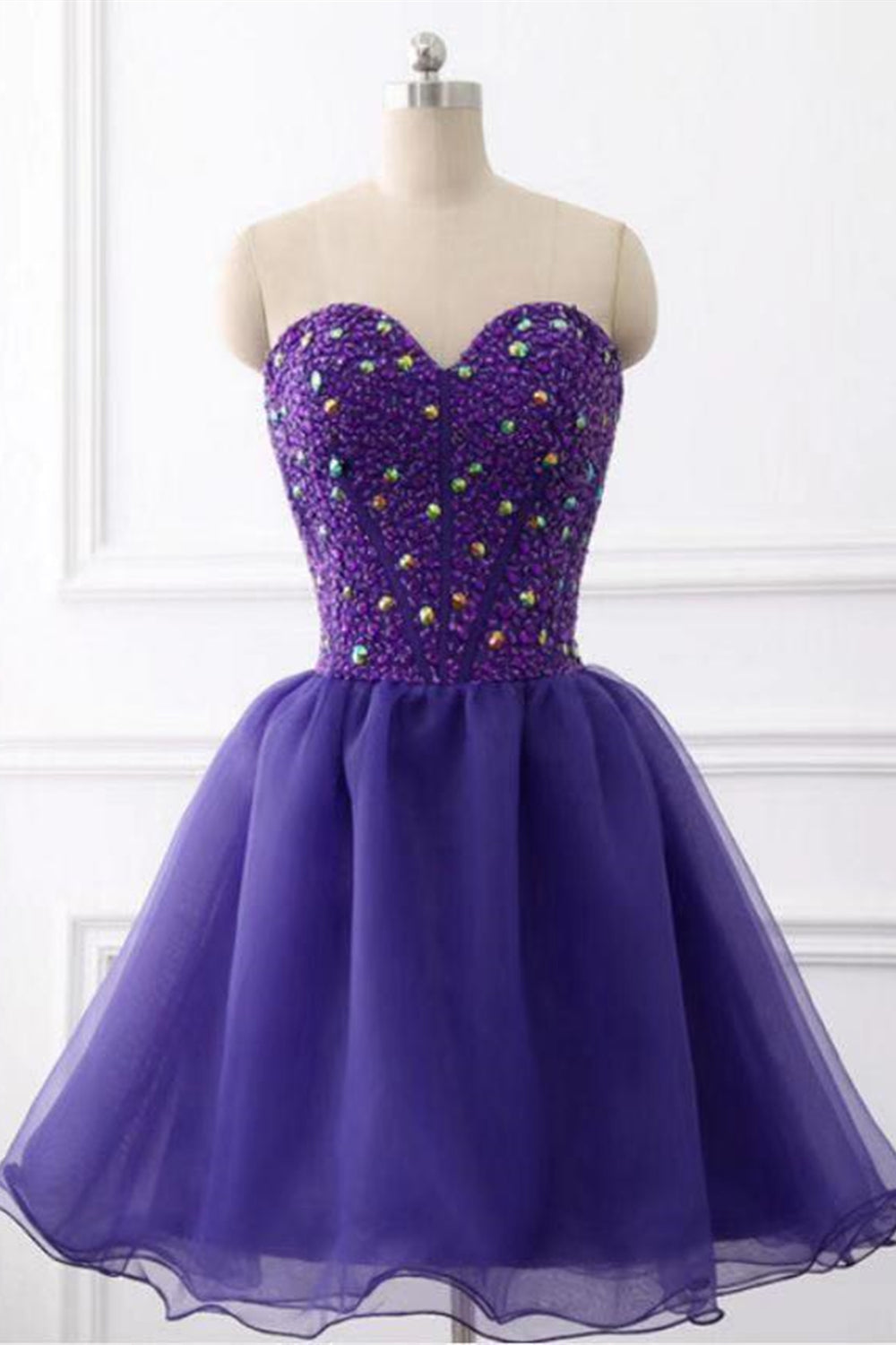 Unthony - Sweetheart Neck Beaded Dark Purple Short Prom Dress