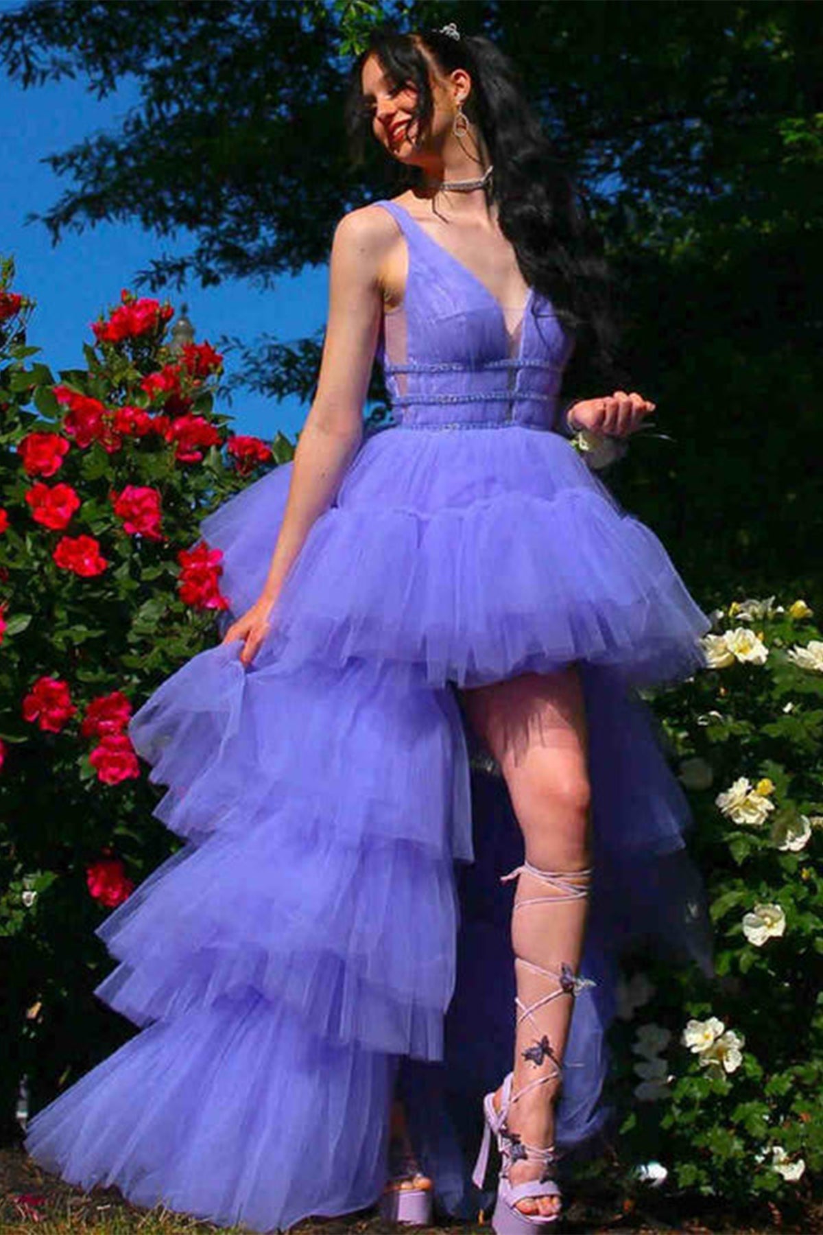 Unthony - High Low V Neck Purple Tulle Long Prom Dress with Belt