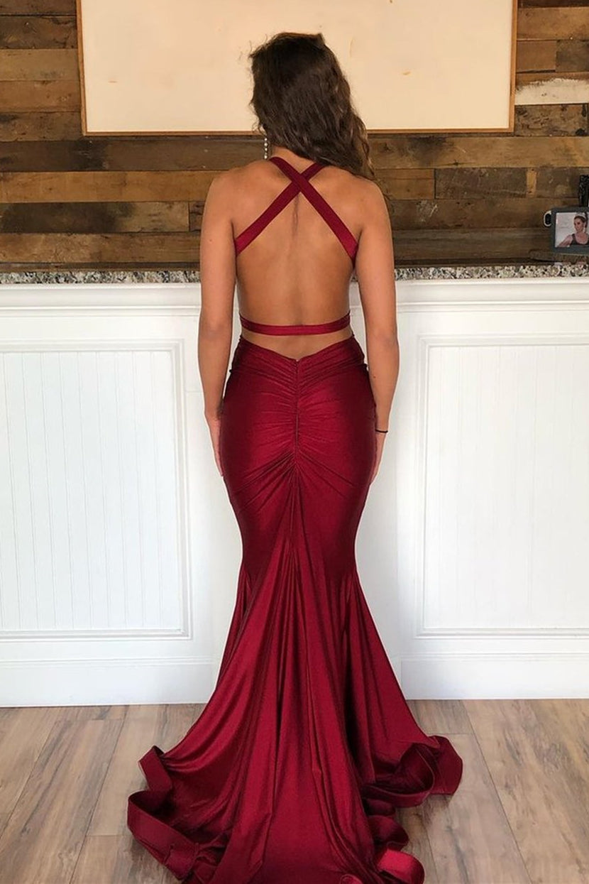 Unthony - Sexy V Neck Mermaid Backless Burgundy Satin Long Prom Dresses