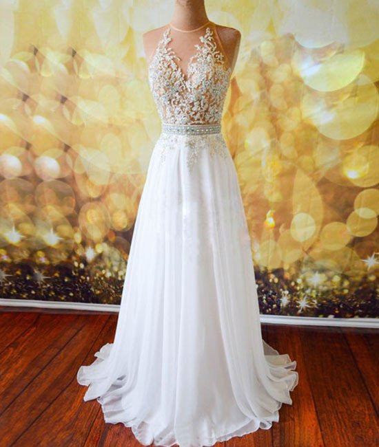 Unthony - White Chiffon Tulle Appliques Lace Sweep Train Sexy Open Back Prom Dresses