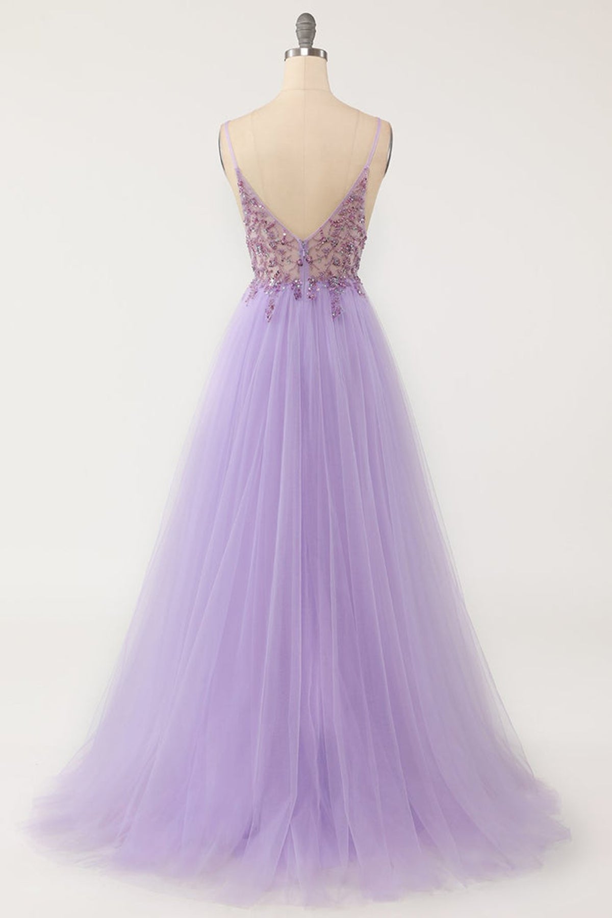 Unthony - A Line V Neck Purple Beaded Long Prom Dress with High Slit