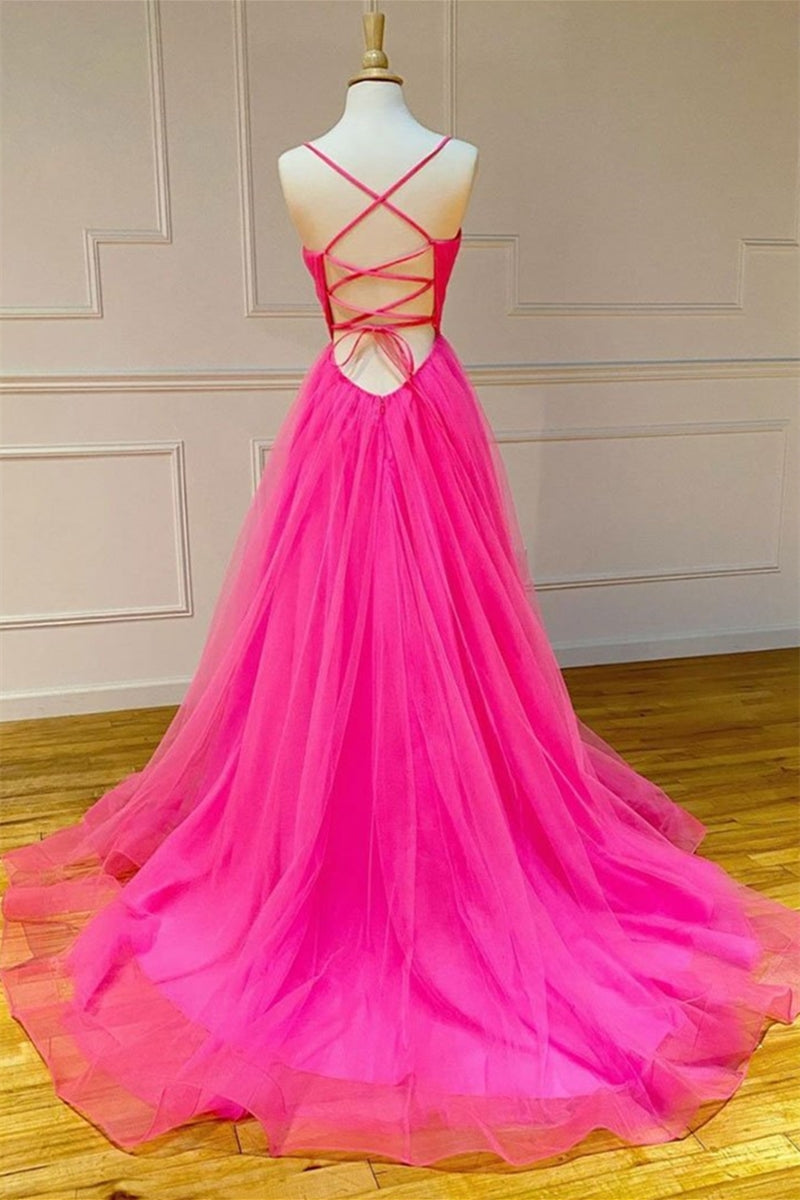 Unthony - Stylish A Line V Neck Backless Hot Pink Long Prom Dress