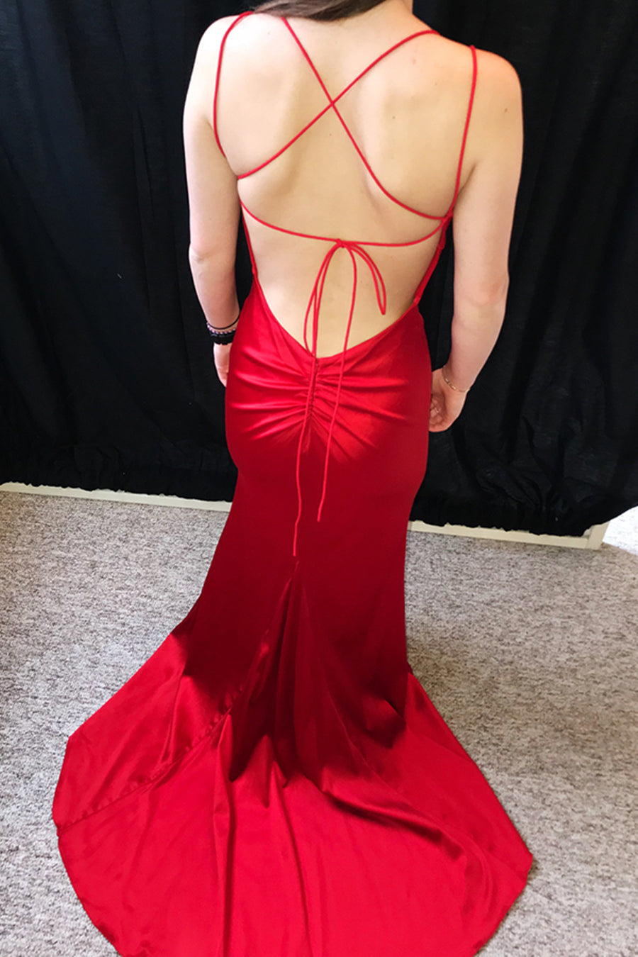 Unthony - Red Mermaid Backless Satin Long Prom Dresses with Train
