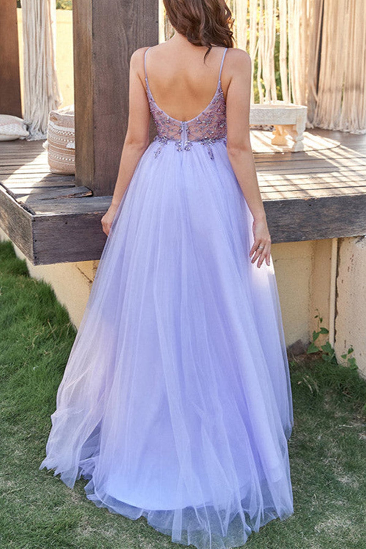 Unthony - A Line V Neck Purple Beaded Long Prom Dress with High Slit