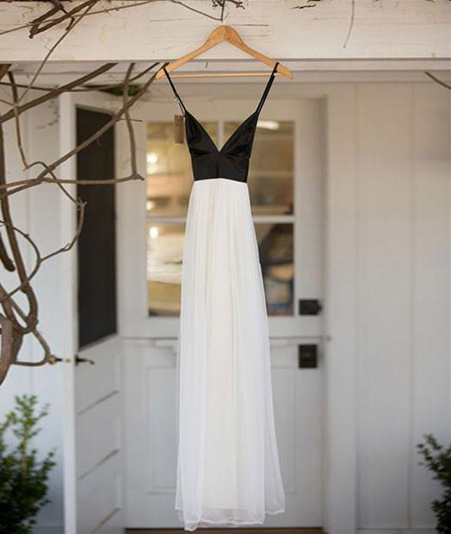 Unthony - Simple V Neck White Chiffon Backless Black Top Long Prom Dresses