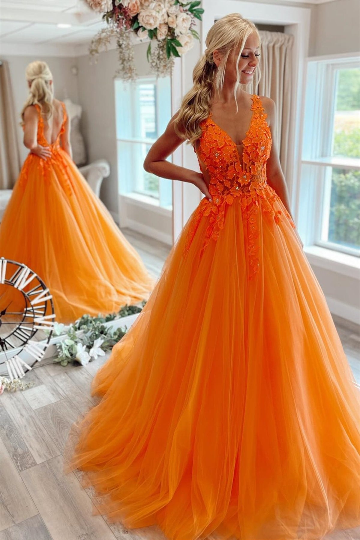 Unthony - V Neck Open Back Orange Tulle Lace Long Prom Dress