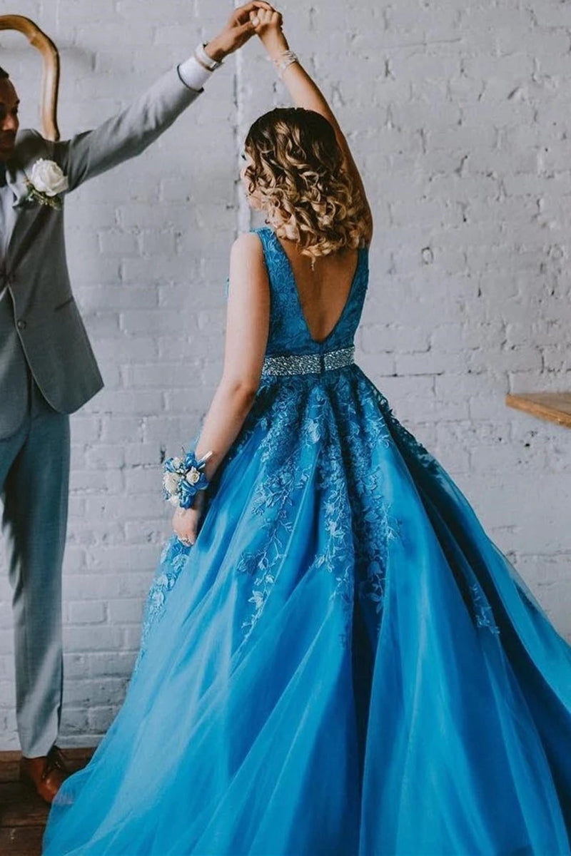 Unthony - A Line V Neck Blue Lace Long Prom Dress