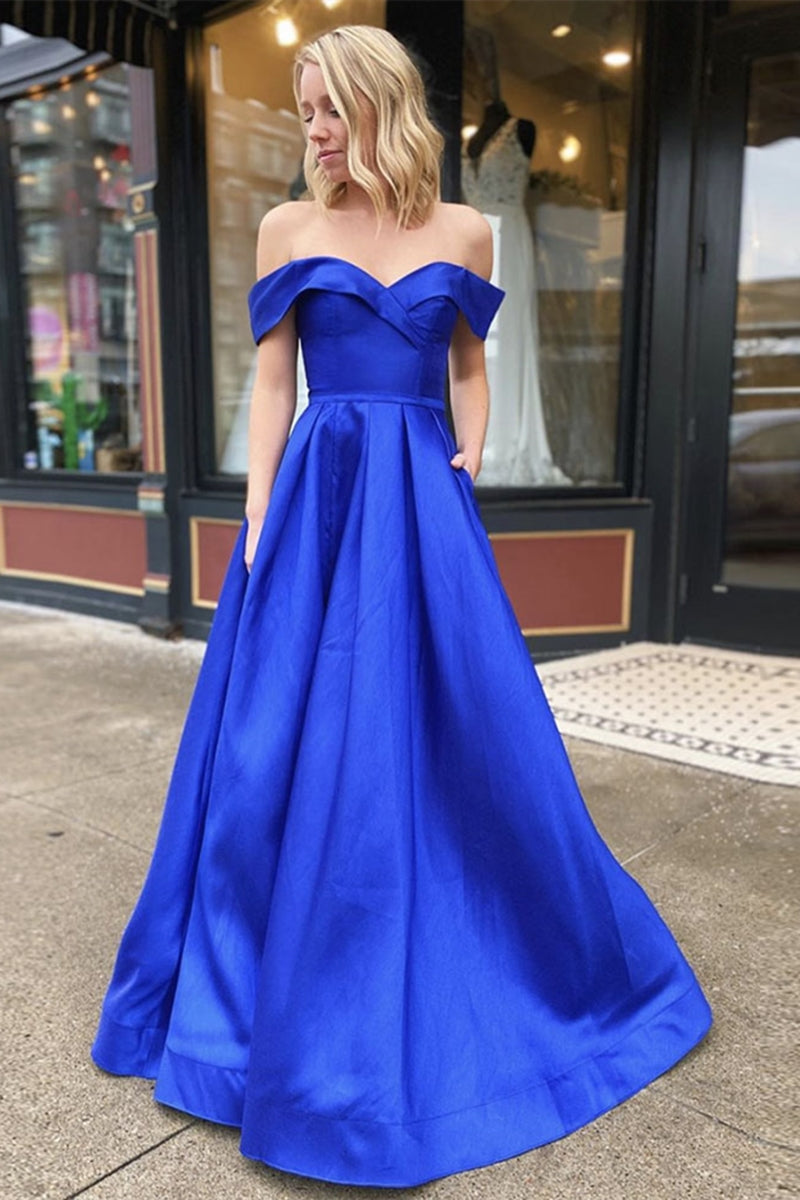 Unthony - Off Shoulder Royal Blue Satin Long Prom Dress with Leg Slit