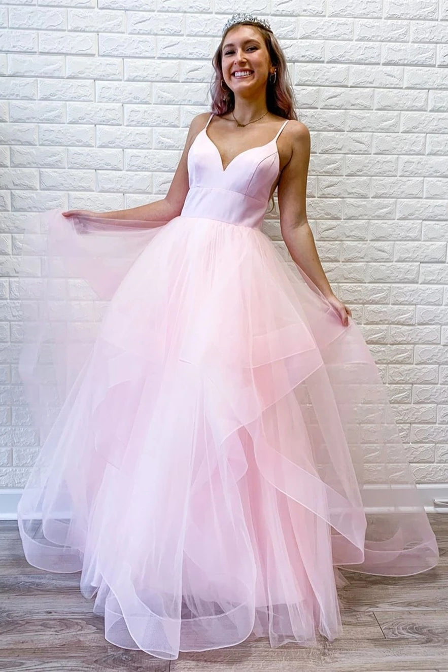 Unthony - Cute V Neck Fluffy Pink Long Prom Dress