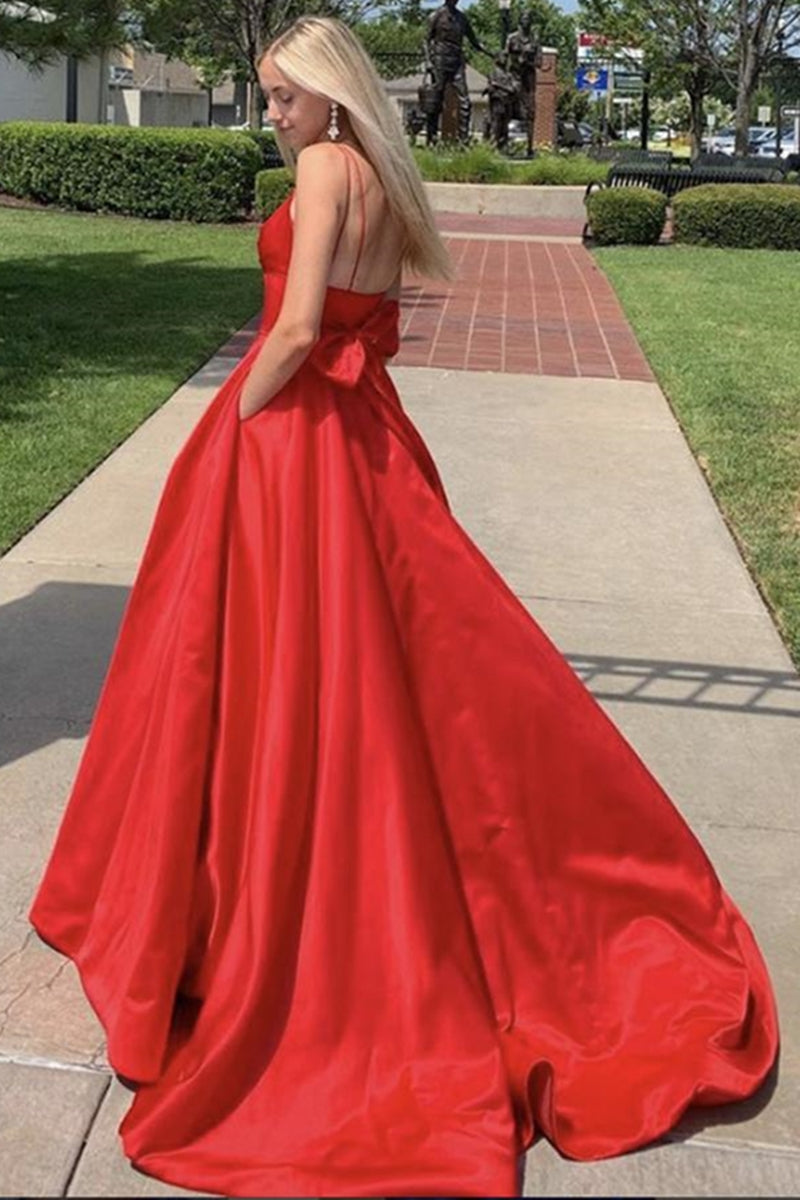 Unthony - Simple V Neck Long Backless Red Prom Dress