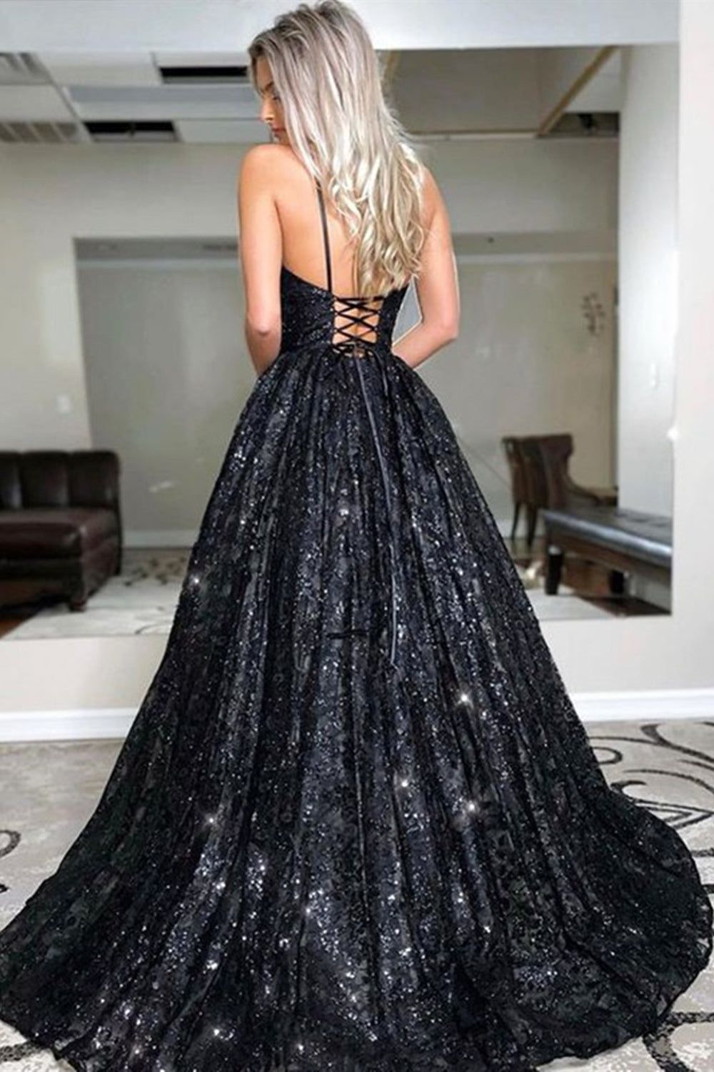 Unthony - Shiny Sequins A Line V Neck Open Back Black Long Prom Dress