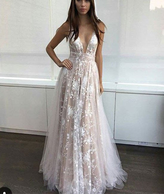 Unthony - Custom Made V-Neck Lace Long Prom Dresses