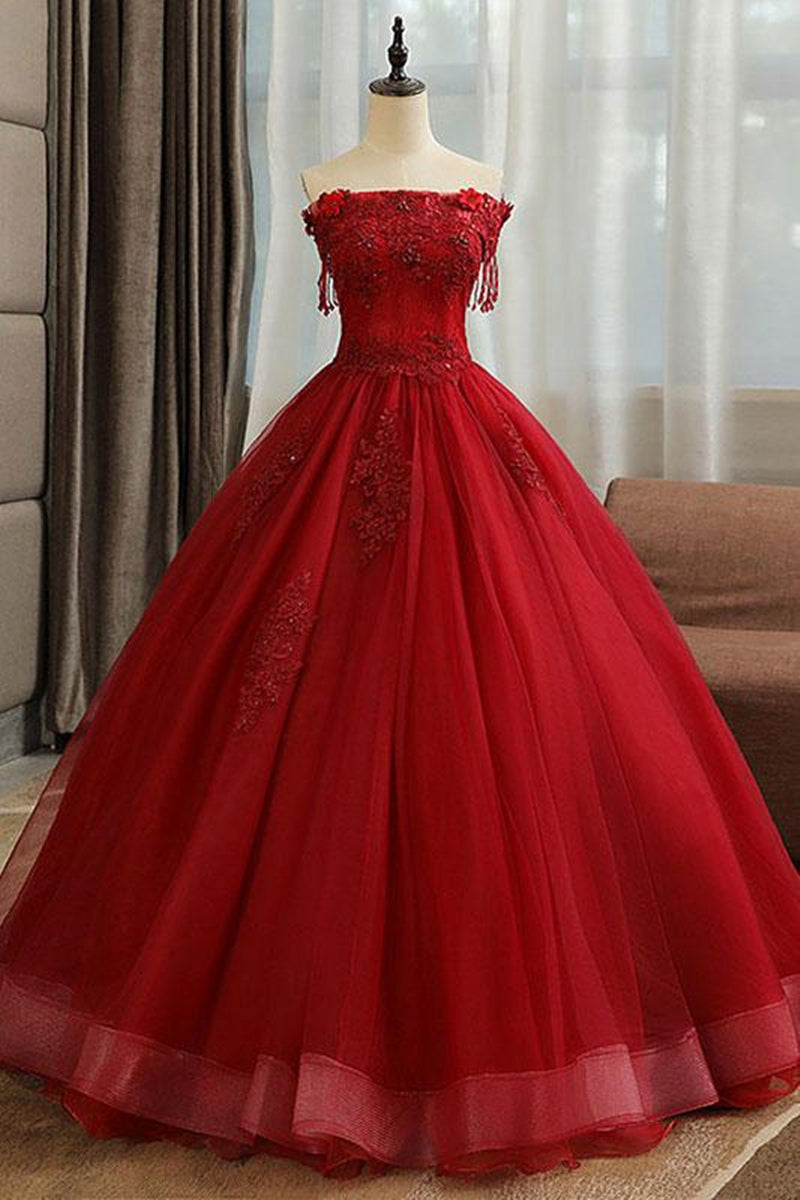 Unthony - Gorgeous Strapless Burgundy Lace Beaded Long Prom Dress