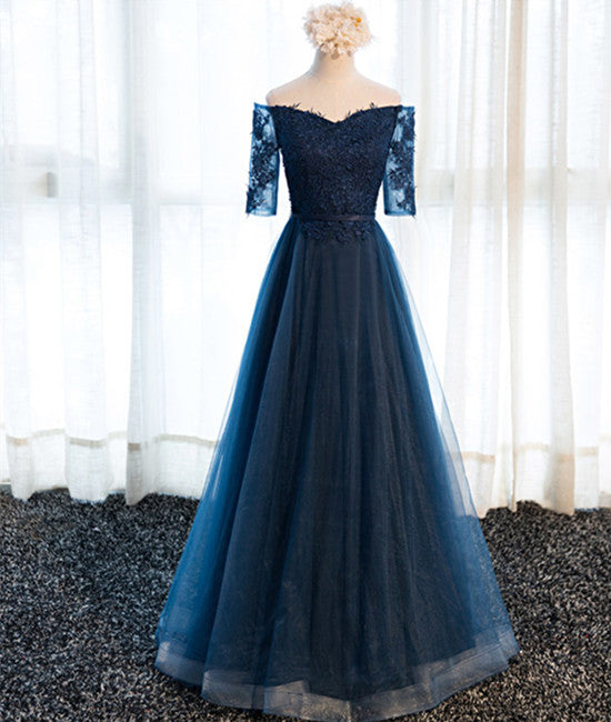 Unthony - Navy Blue Half Sleeves Lace Long Prom Dresses