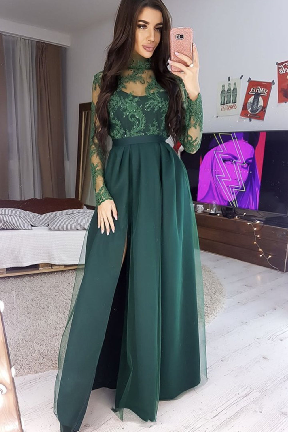 Unthony - Long Sleeves High Neck Green Lace Long Prom Dress