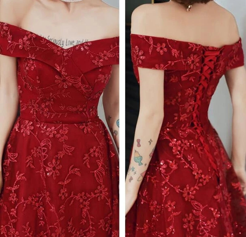 Unthony - Off Shoulder Burgundy Lace Appliques Long Prom Dress