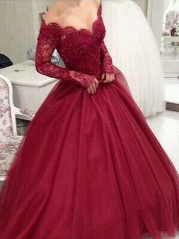 Unthony - Long Sleeves Lace Royal Blue/Burgundy Long Ball Gown