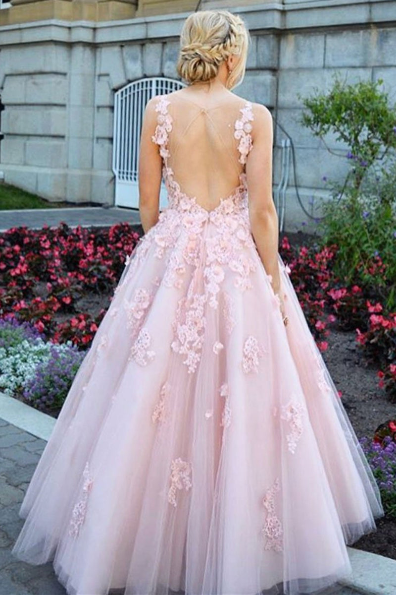 Unthony - Elegant Backless Lace Appliques Pink Long Prom Dresses
