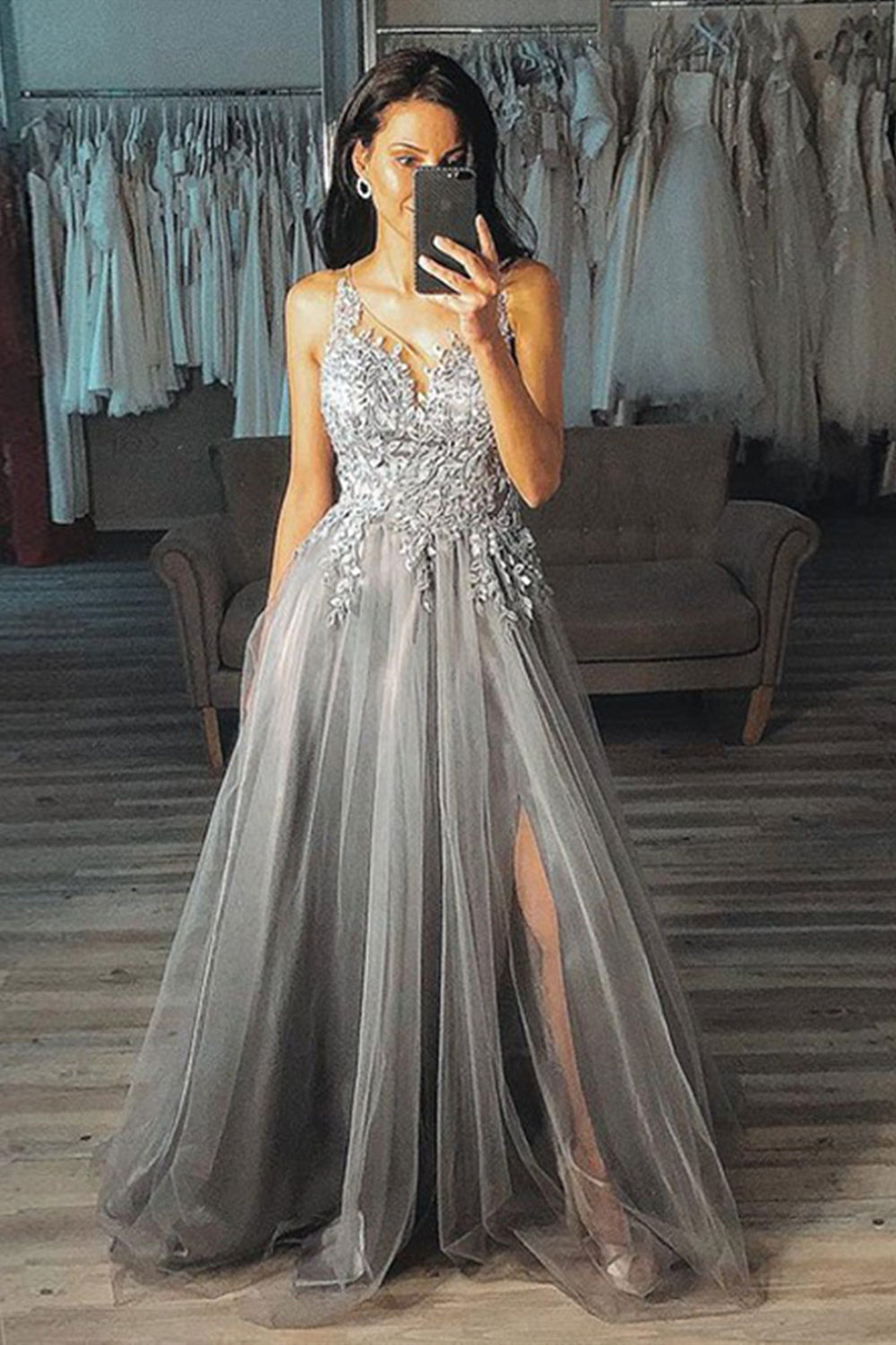 Unthony - A Line V Neck Gray Lace Long Prom Dresses with Slit