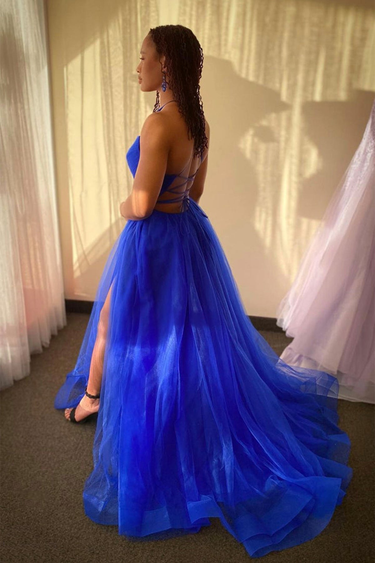 Unthony - A Line V Neck Backless Blue Tulle long Prom Dress with High Slit