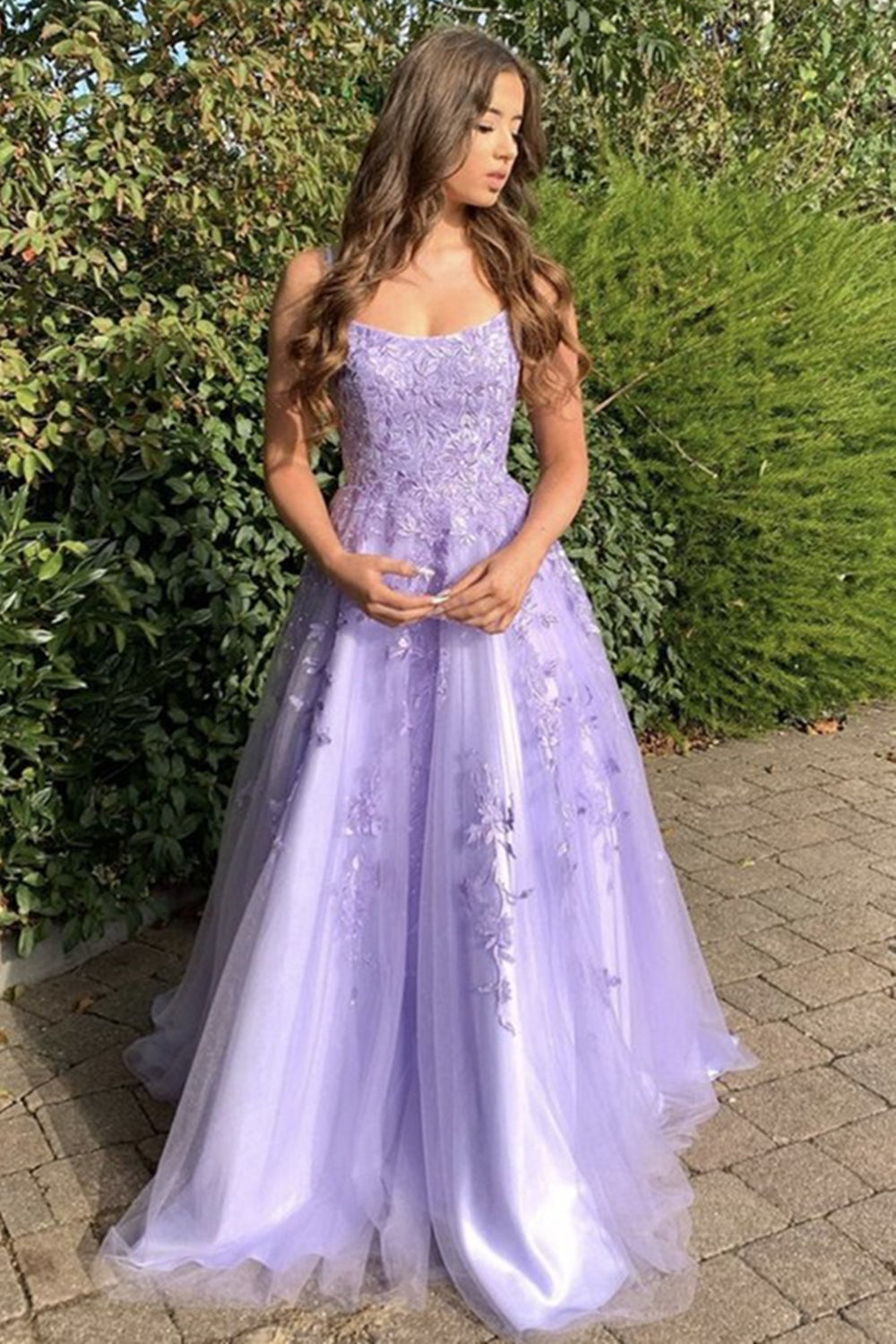 Unthony - A Line Thin Strap Purple Lace Long Prom Dress