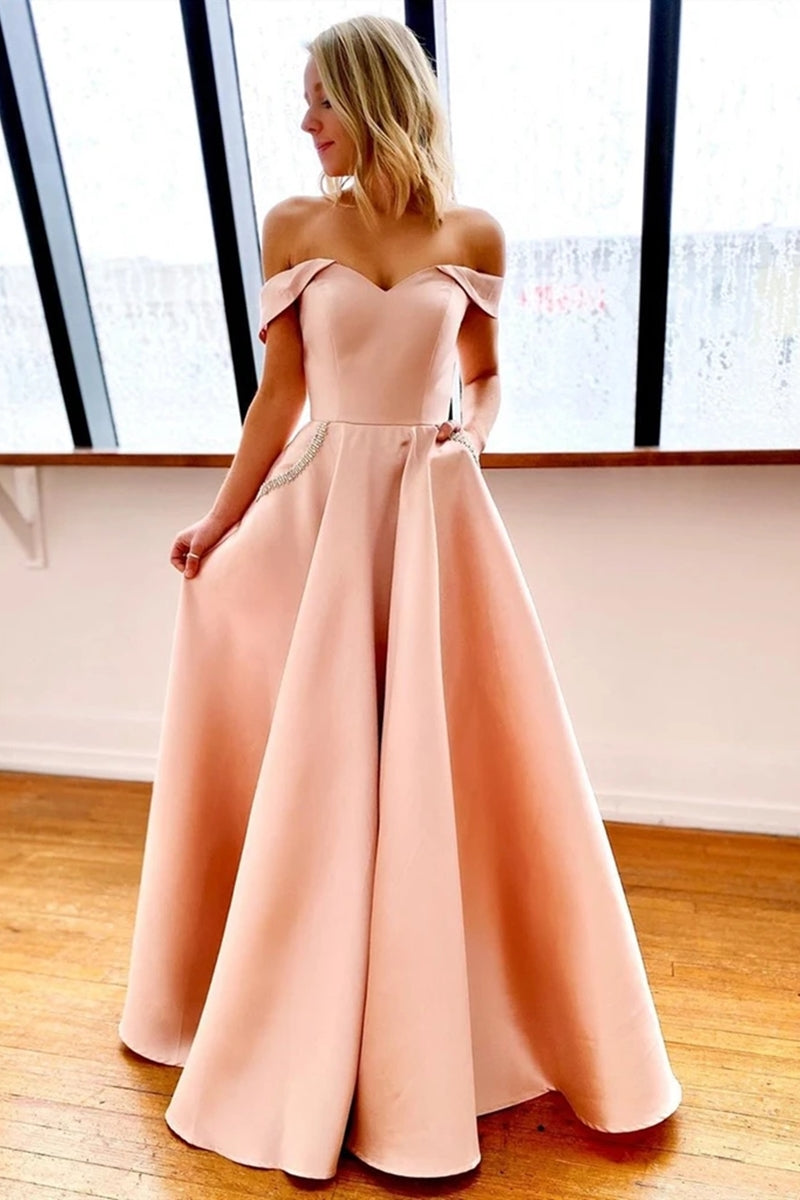 Unthony - Off Shoulder Pink Satin Long Prom Dress with Pockets
