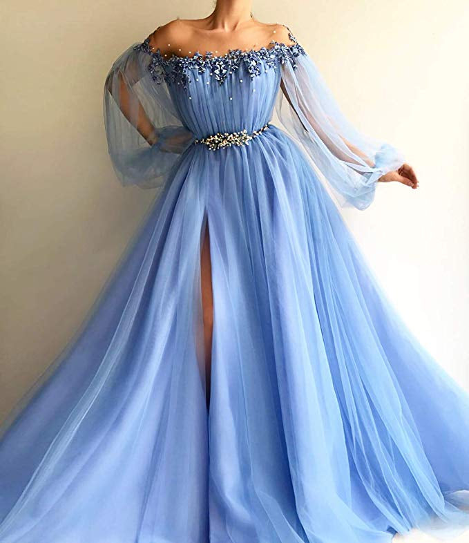 Unthony - Custom Made Long Sleeves Baby Blue Tulle Long Prom Dress with Slit