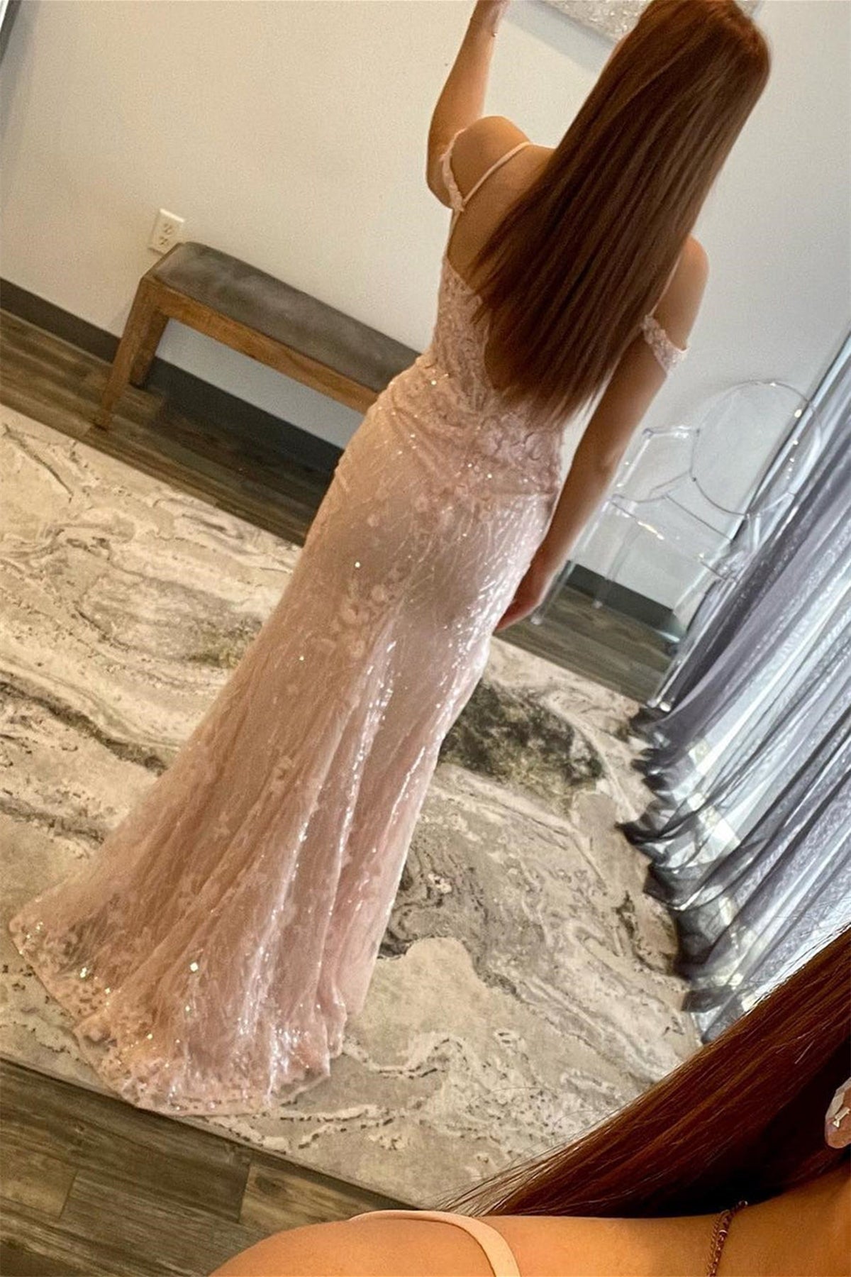 Unthony - Shiny Off Shoulder Pink Lace Long Prom Dress with High Slit