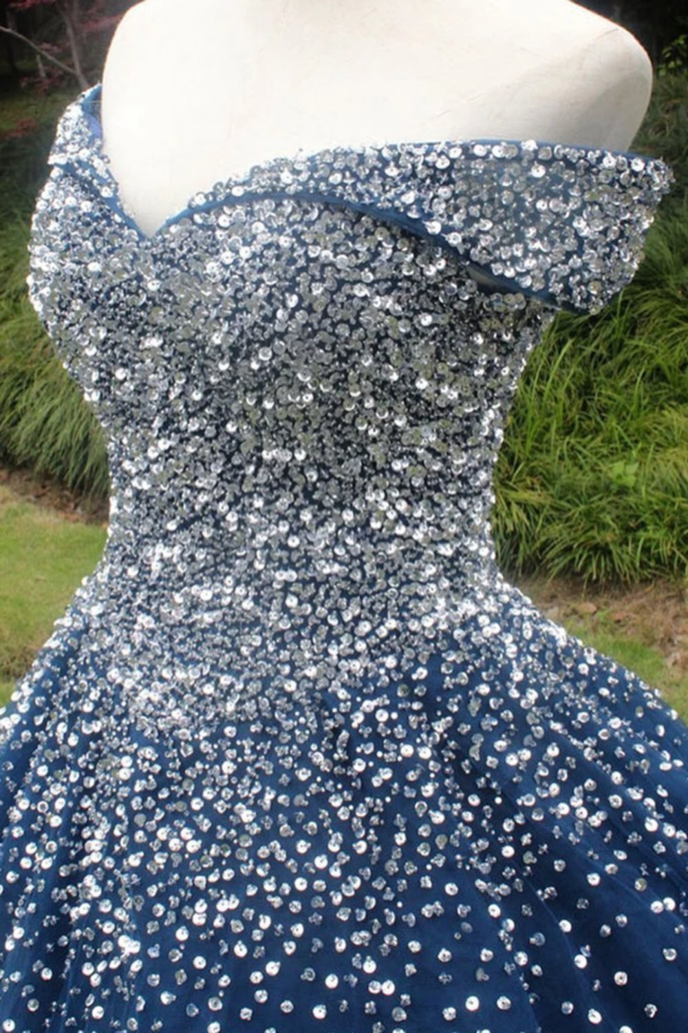 Unthony - Gorgeous Off Shoulder Sequins Blue Long Prom Dress
