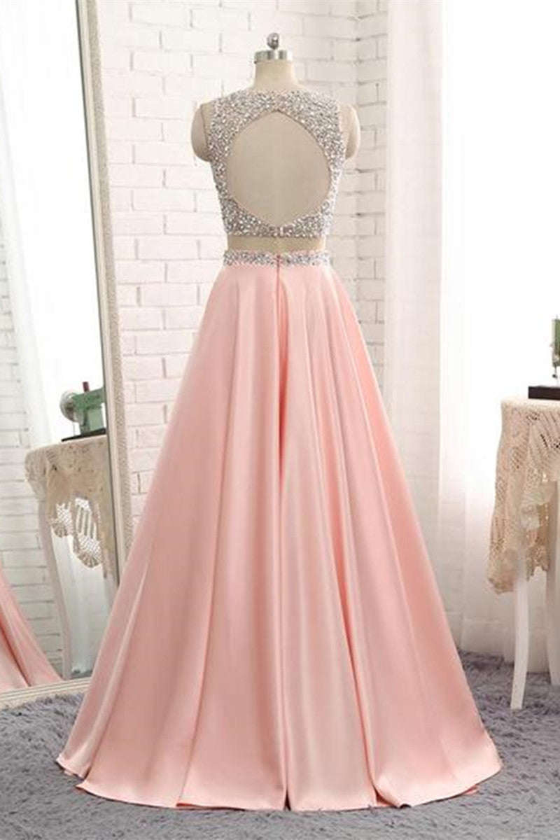 Unthony - A Line Round Neck Two Pieces Beaded Pink Prom Dresses