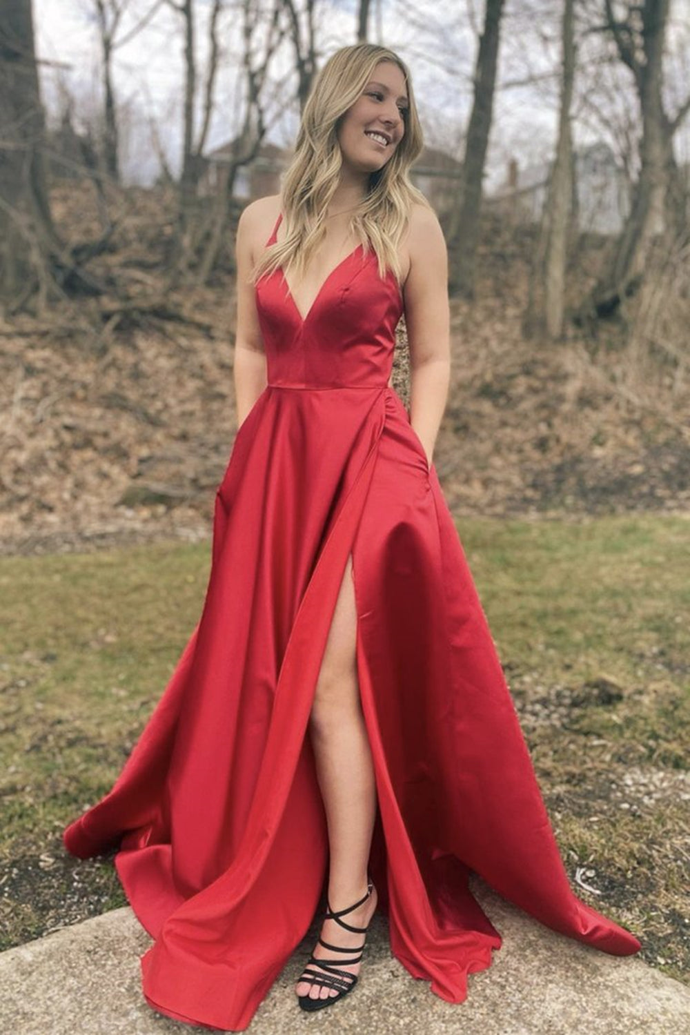 Unthony - A Line V Neck Red Satin Long Prom Dress with Slit