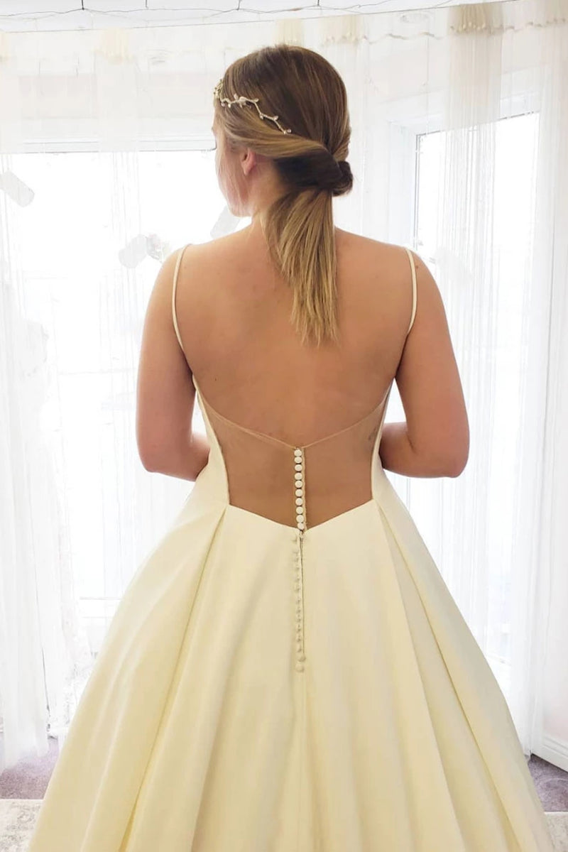 Unthony - Simple V Neck Backless Ivory Wedding Dress with Train
