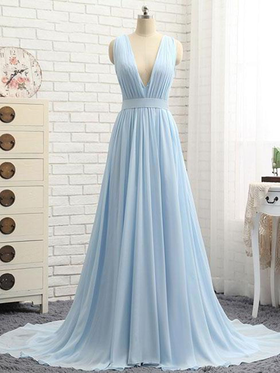 Unthony - A Line V Neck and V Back Sky Blue Chiffon Long Prom Dresses