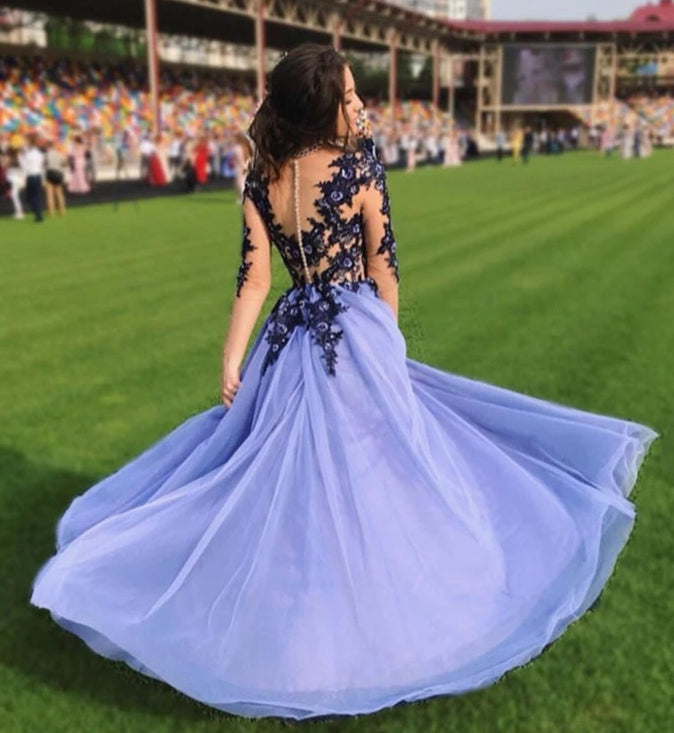 Unthony - A Line Round Neck Long Sleeves Lace Purple Prom Dress