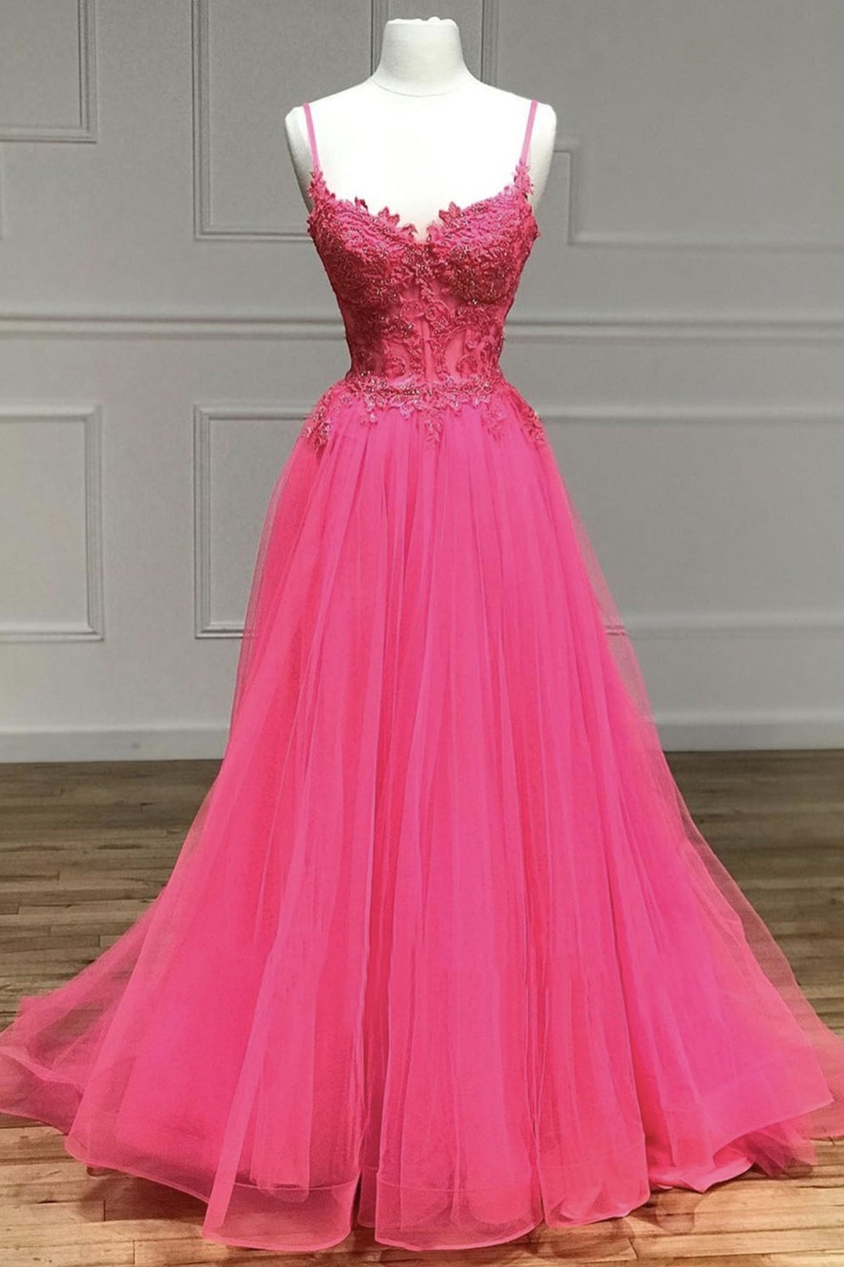 Unthony - A Line Spaghetti Straps Beaded Pink Lace Long Prom Dress