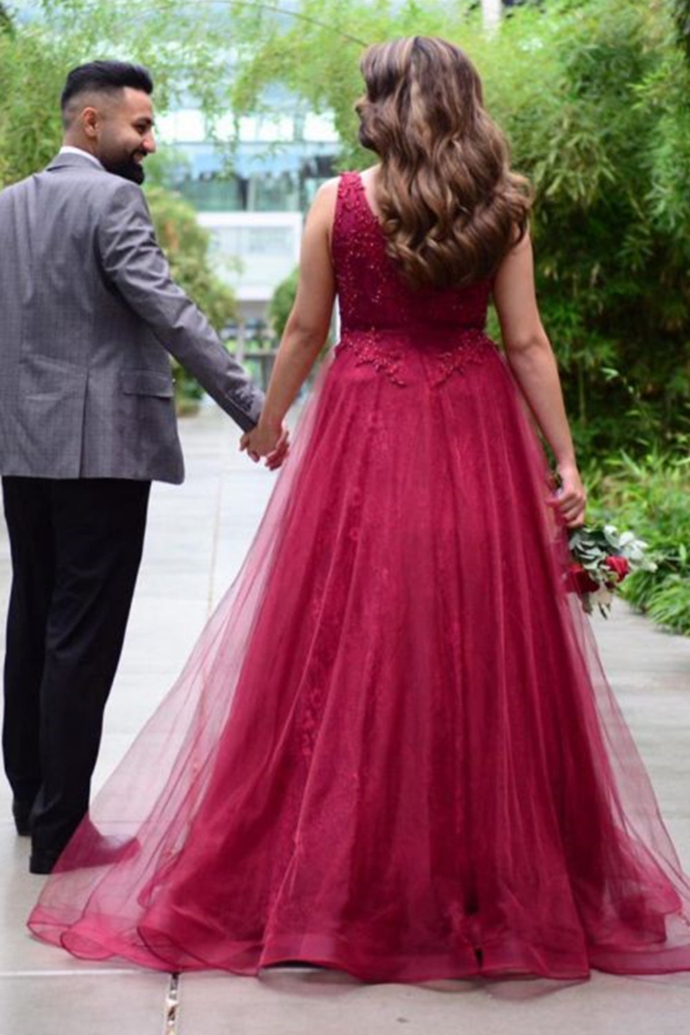 Unthony - V Neck Burgundy Lace Beaded Long Prom Dress