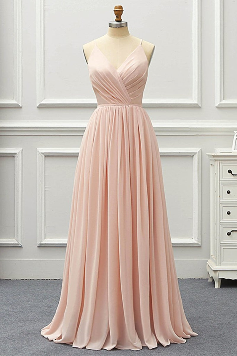 Unthony - Elegant A Line V Neck Pink Long Prom Dress