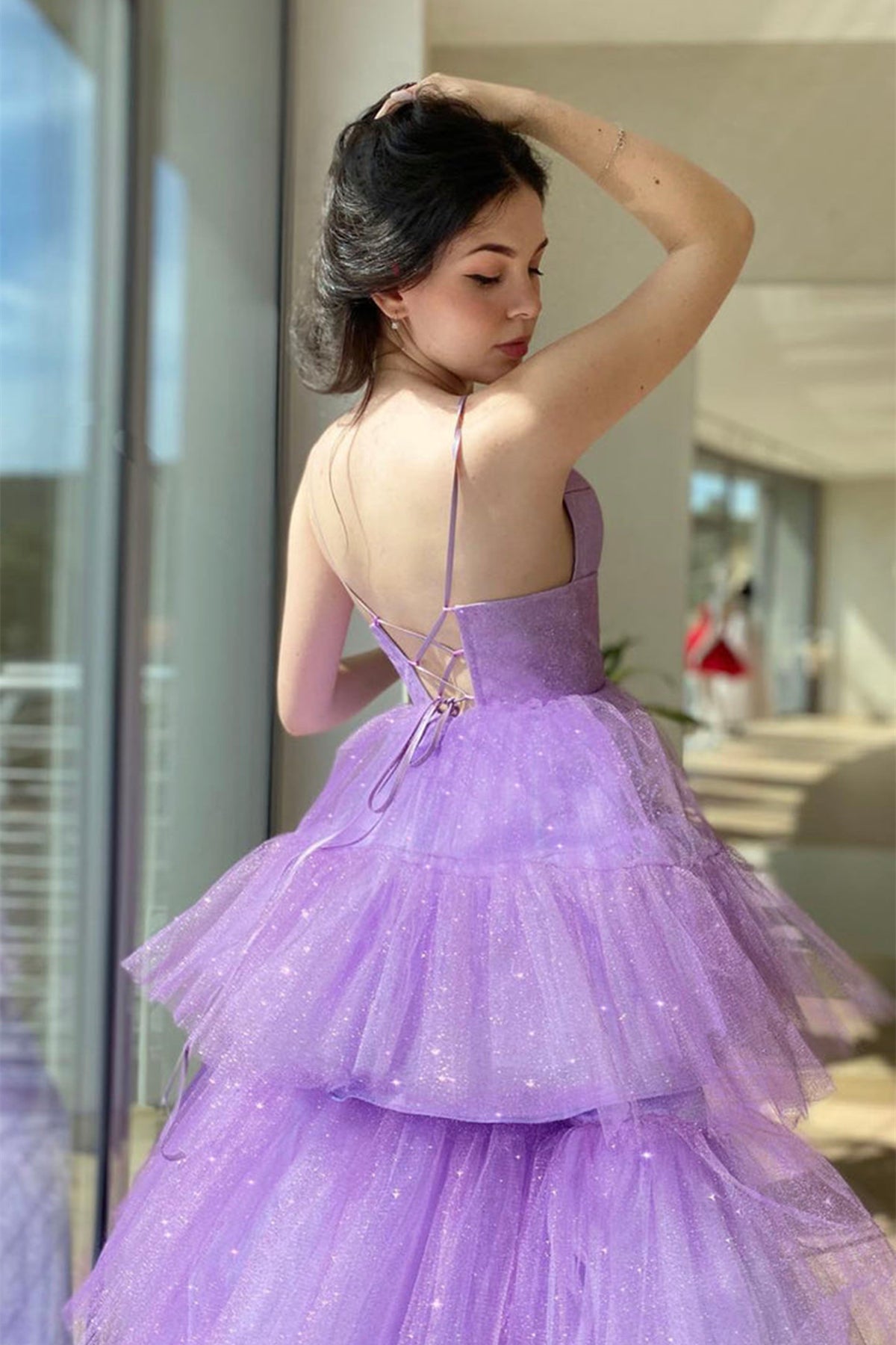 Unthony - High Low V Neck Layered Purple Tulle Long Prom Dresses