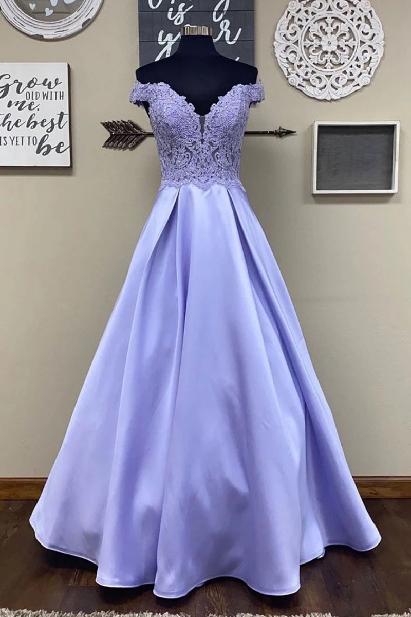 Unthony - Off Shoulder Purple Lace Long Prom Dress