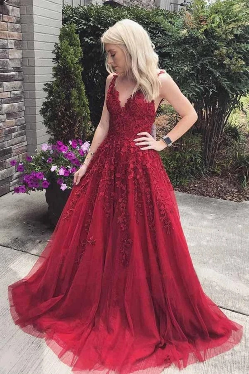 Unthony - A Line V Neck Burgundy Lace Long Prom Dress