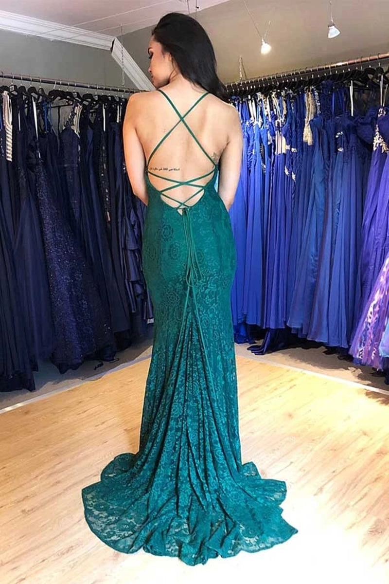 Unthony - V Neck Mermaid Backless Green Lace Long Prom Dress