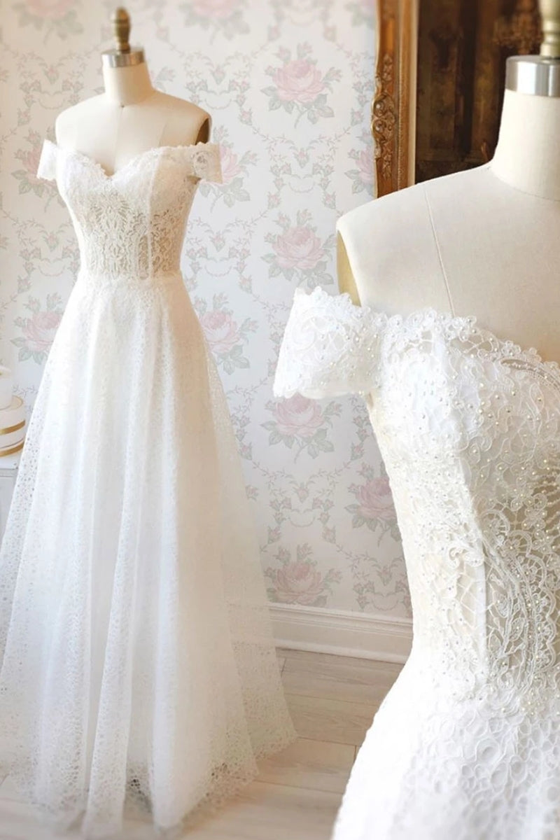 Unthony - Off the Shoulder White Lace Long Prom Dress withe Beading