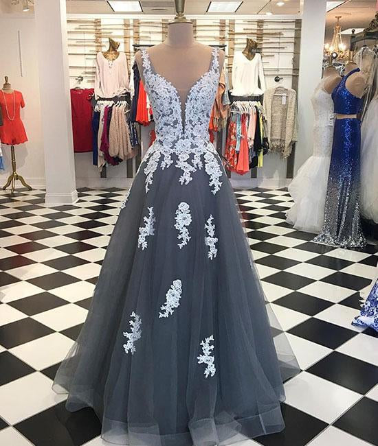 Unthony - A Line Spaghetti Straps Lace Grey Tulle Long Prom Dress